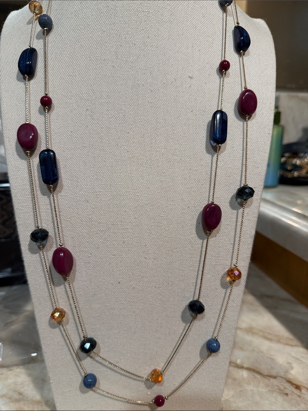 Multi-Strand Purple & Navy Beaded Necklace with gold tone chain